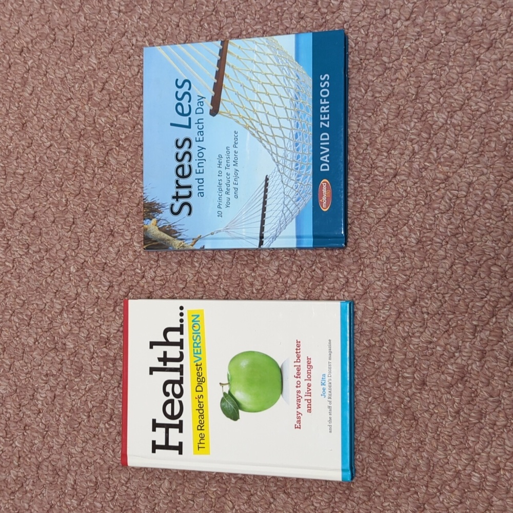 2 Hardback books: Stress Less & Health